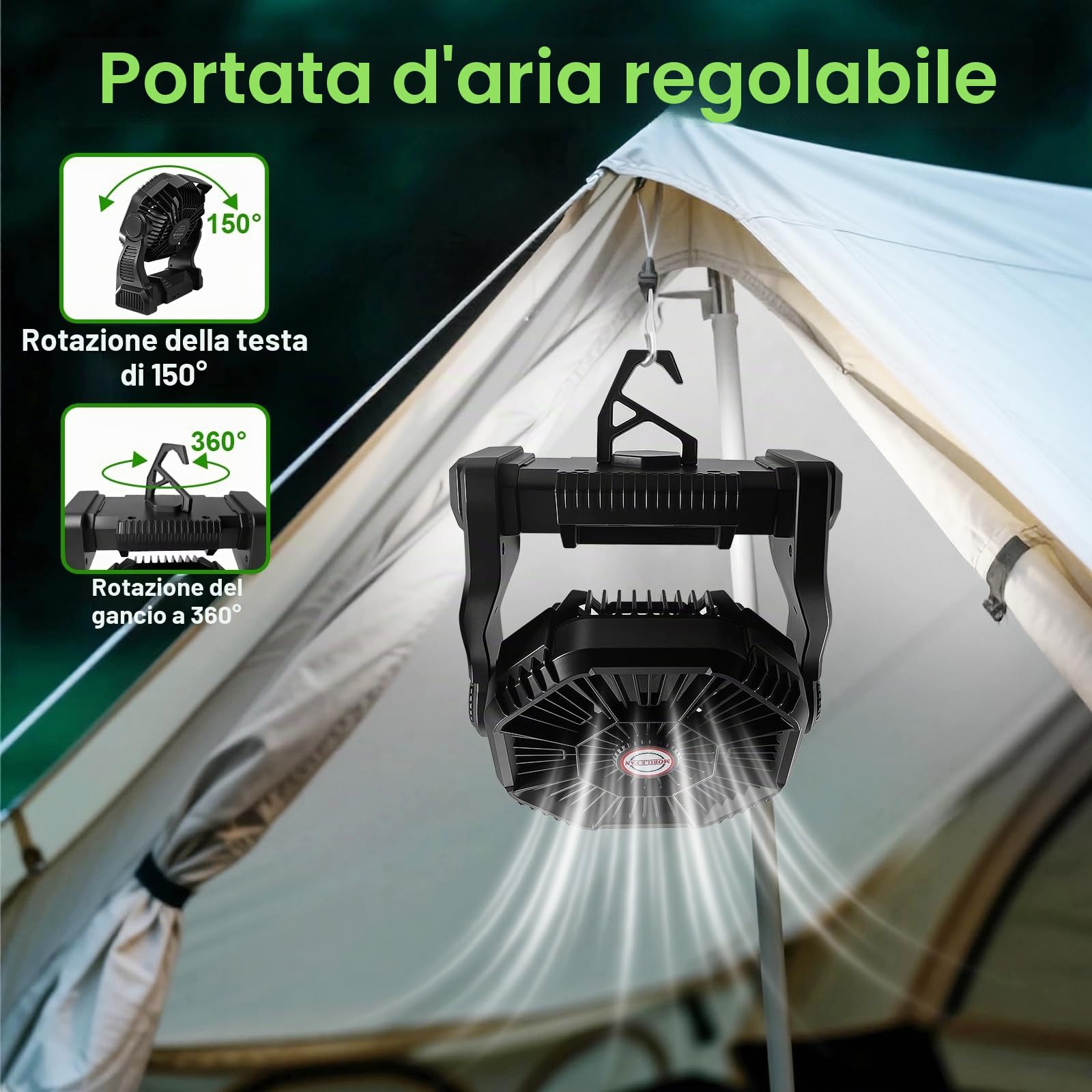 Ventilatore da campeggio Ventilatore da tavolo, batteria ricaricabile 10.000 mAh, ventilatore USB portatile con luce LED e gancio, 4 velocità, 3 modalità di luce LED, per casa, campeggio