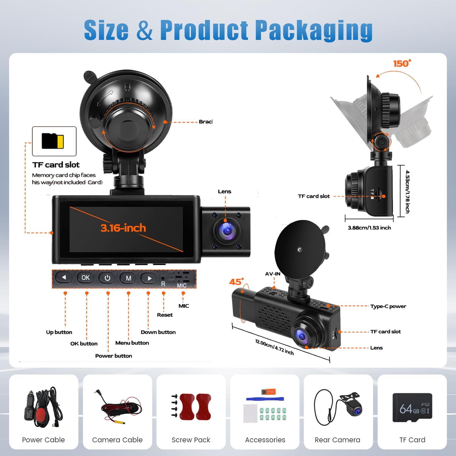 Roinvou Dashcam 3 Canales 2.5K+2.5K+1080P con Cámaras Delantera, Interior y Trasera, Pantalla 3.16", GPS, Sensor de Impacto G-Sensor, Grabación en Bucle, Control por App (Viidure), 64GB TF