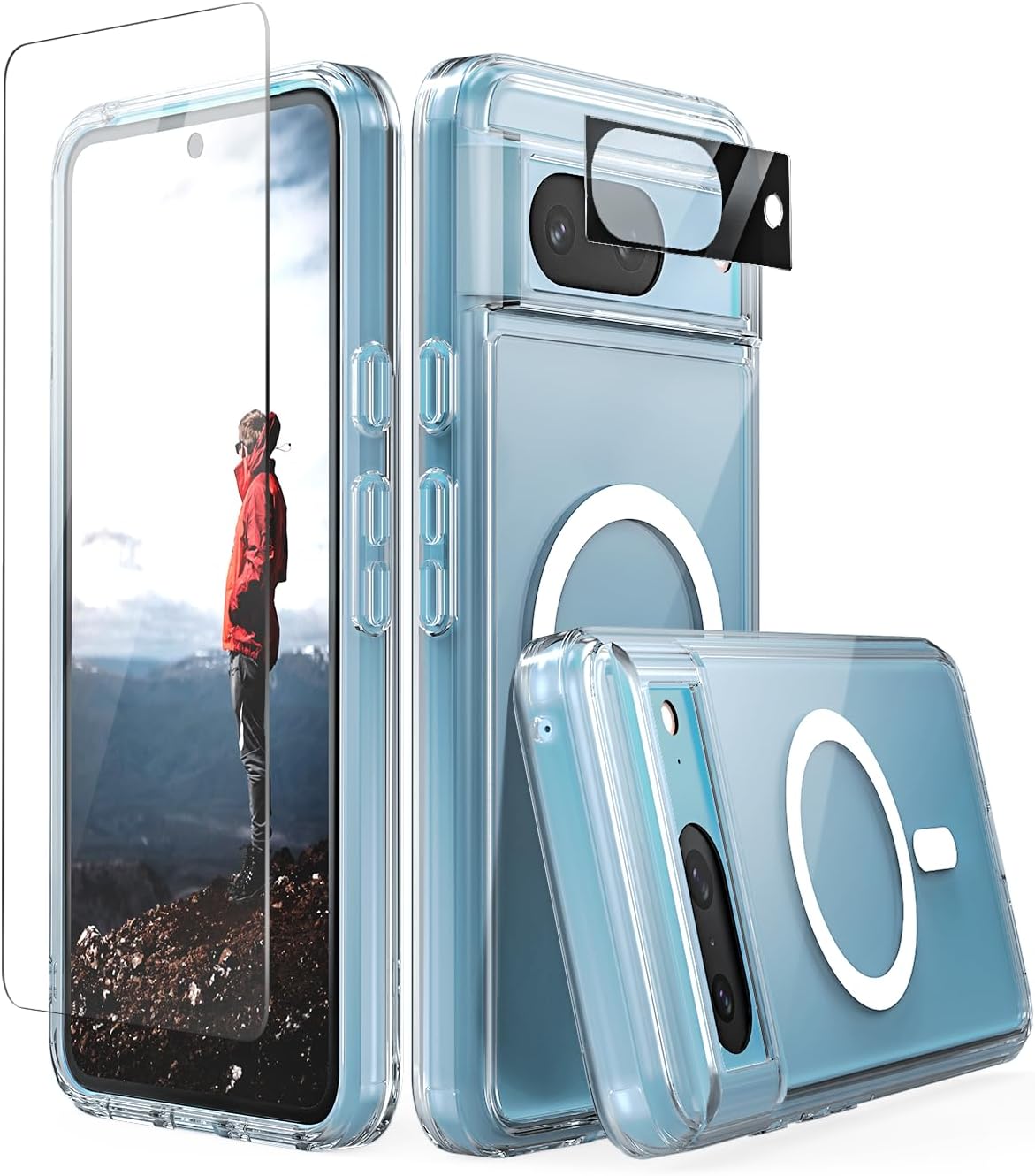 CaseBorne Compatible with Pixel 8 Case - [5-in-1] [Compatibel with MagSafe] Ultra Clear Hybrid [Anti-Yellowing], with Screen Protector and Cameras Shield - Crystal Clear