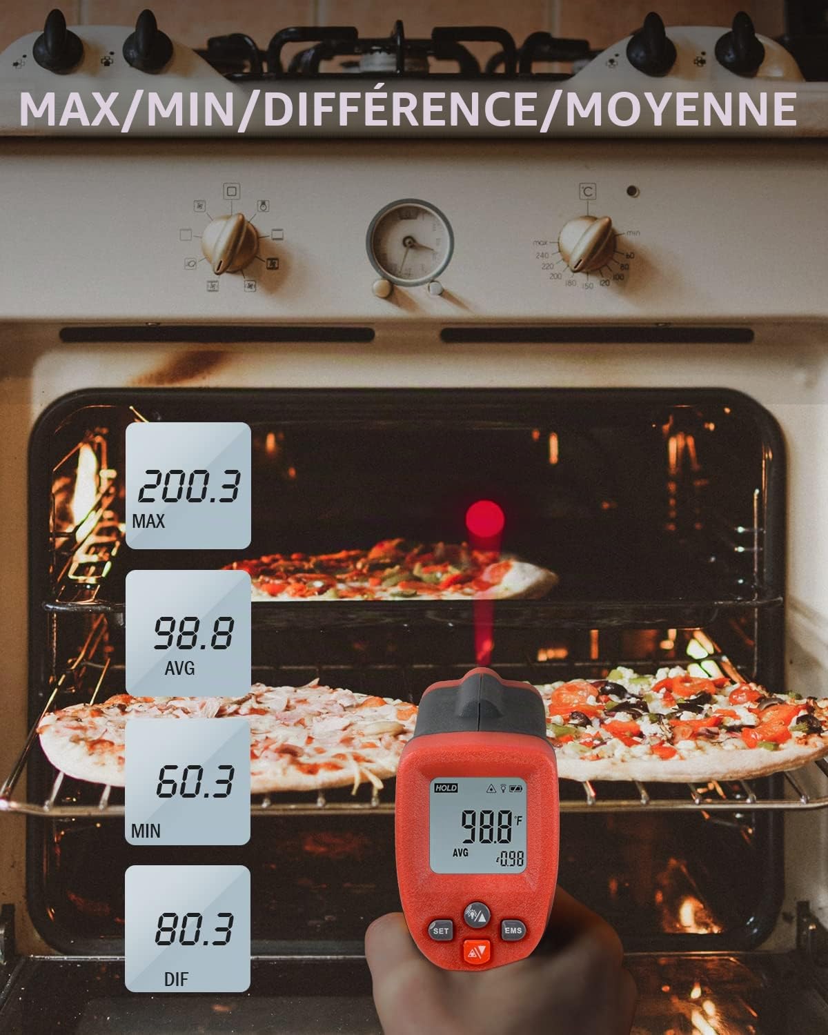 Wintact Thermomètre infrarouge, pistolet thermique numérique sans contact à laser pour cuisine, cuisson aliments, pizzas, fours, grills, réfrigérateurs -50℃ to 420℃ (WT300)