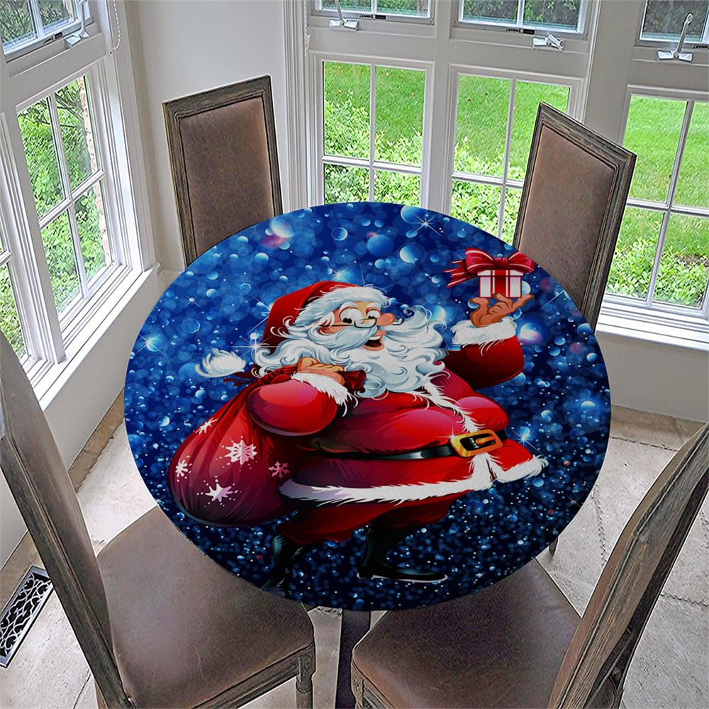 Chickwin Christmas Elastic Edged Round Fitted Tablecloth, Santa Claus Pattern Waterproof Lotus Effect Tablecloth Wipeable Antifouling Outdoor Table Cover (For Circular Table 180-190cm,Style H)