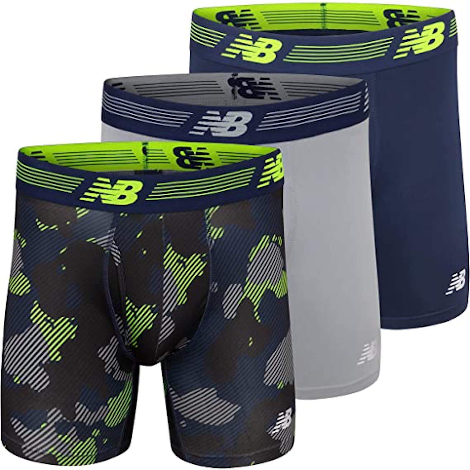 New Balance Men's 6" Boxer Brief Trunk Underpants Fly Front with Pouch (3 Pack), Pigment/Steel/Camo, XX-Large