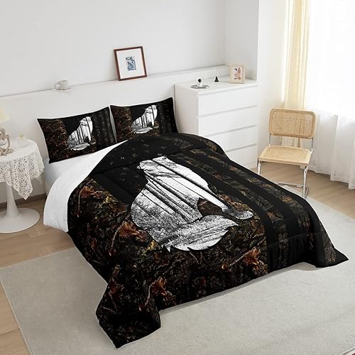 Miniatura 4 de Erosebridal Juego de ropa de cama de animales safari, juego de edredón de lobo grunge gris, hojas y ramas, edredón con temática de caza, edredones y