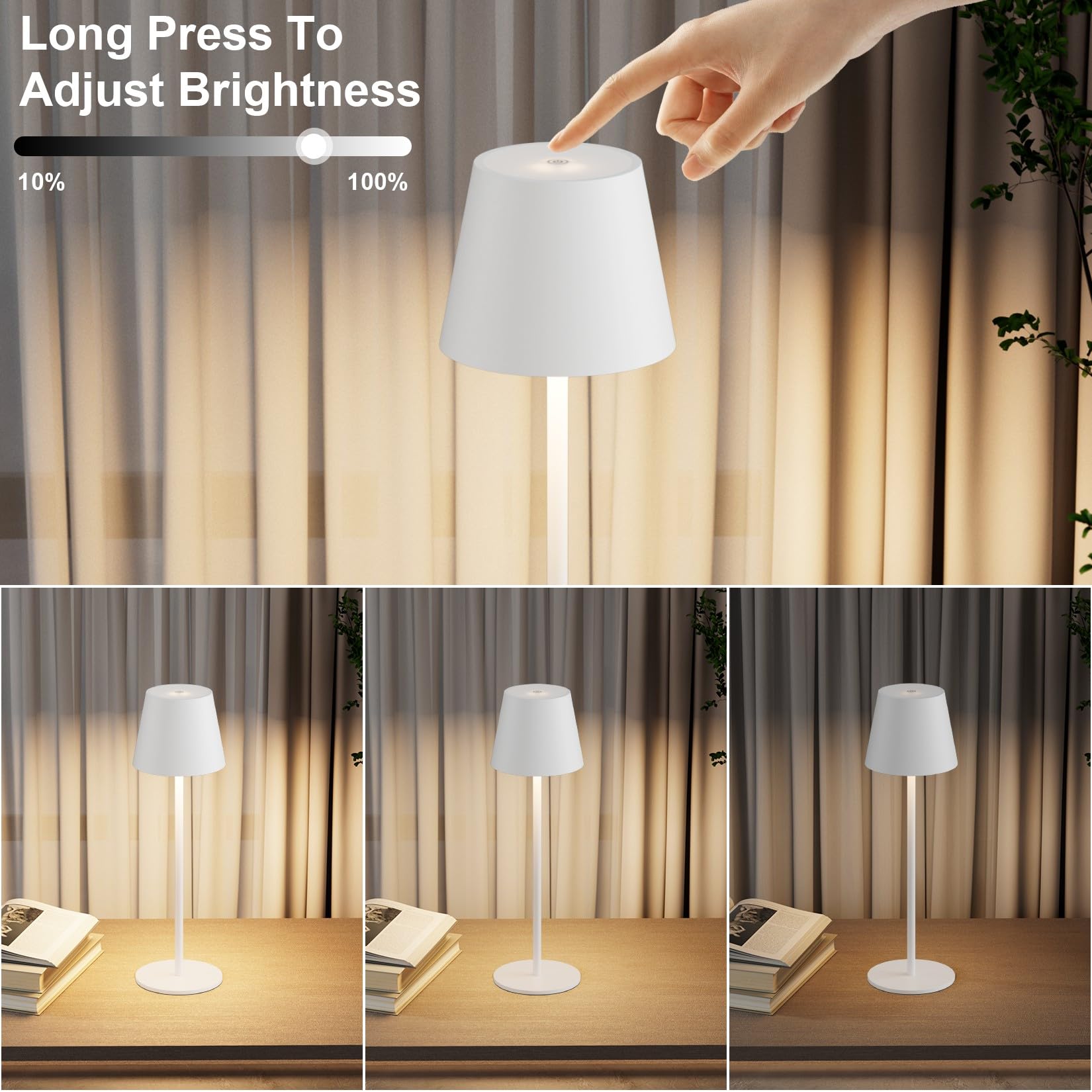 K-Bright 2 sztuki LED ściemniana lampa stołowa akumulatorowa, bezprzewodowa, możliwość ponownego ładowania, 3000 K/4000 K/6000 K, trzy temperatury barwowe z USB-C, wodoszczelna IP54, biała