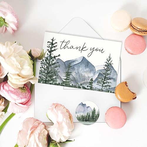 Miniatura 6 de ChicRosa Paquete de 36 tarjetas de agradecimiento de bosque de acuarela, montañas, paisaje, con sobres, calcomanías de bosque de montaña, tarjetas