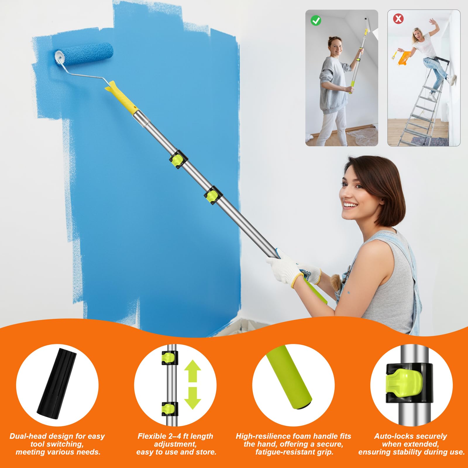 Farbroller-Set mit Verlängerungsstange, 10,2 cm bis 22,9 cm, Pinselverlängerung, Schleifpapierhalter, Pinsel für Wände, Hausfarbe für alle Latex- und Ölfarben, 38-teiliges Set