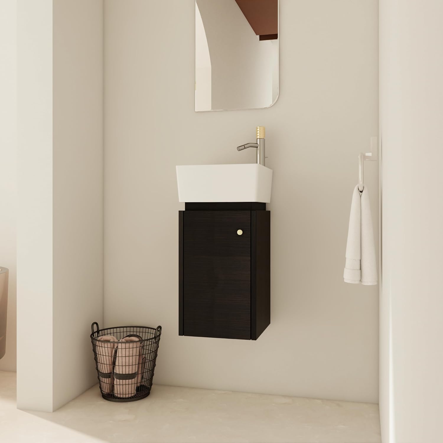 12'' Floating Bathroom Vanity with Sink, 12 Inch Wall-Hung Vanity, Corner Vanity, with 1 Door and White Ceramic Basin Sink Black