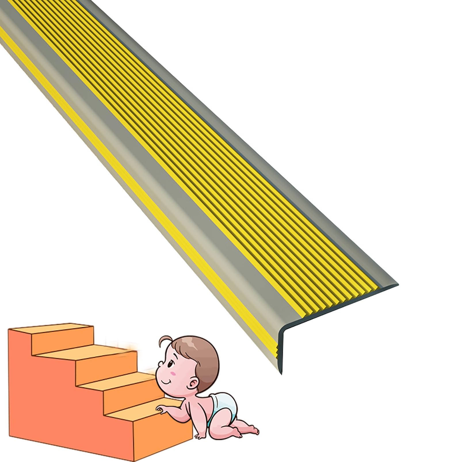 Peldaños de goma antideslizante para escaleras, color amarillo y gris, 2,4 m, acabado antideslizante para escalones de interior y exterior, agarre de seguridad para escaleras