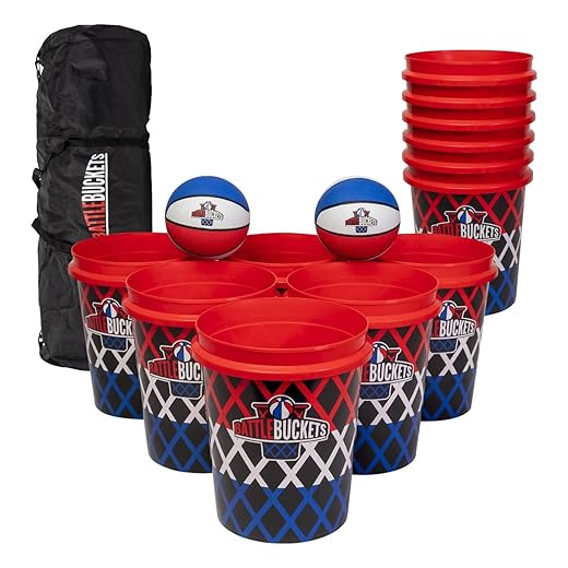 Battle Buckets Giant Yard Pong X Basket Ballspiel mit langlebigen Bällen und Eimern – Outdoor-Spiel für Rasen, Hinterhof und Strand – Set enthält Eimer, Korbbälle und eine Tragetasche