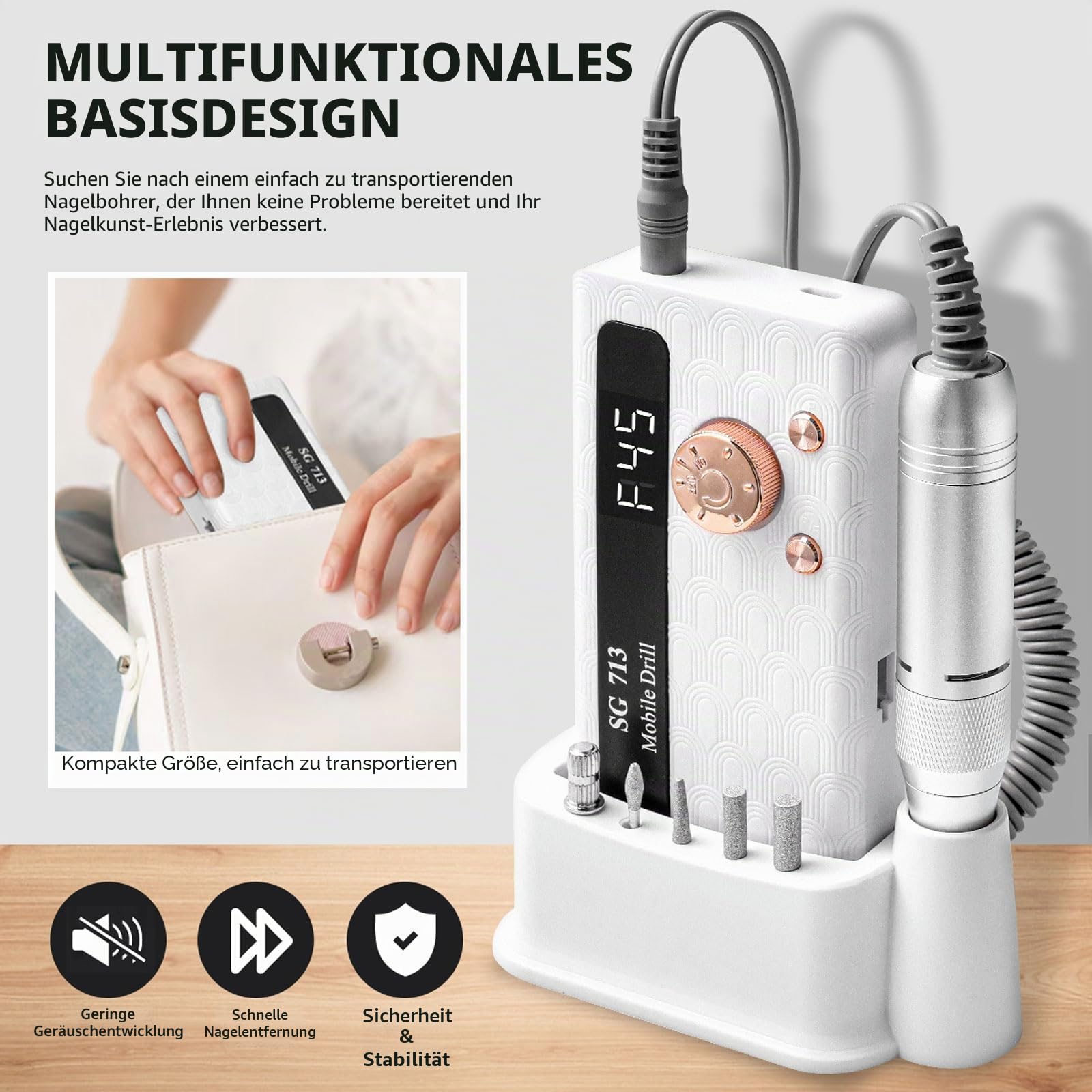 Elektrischer Nagelfräser Professionell, 45000 U/min,Tragbare Nagelfeile für Acrylnägel Gelnägel, mit 13 Bits und 56 Schleifbändern, LED-Bildschirm, Ultra-Leise, Salon-Grade Efeil-Nagelmaschine (Weiß)