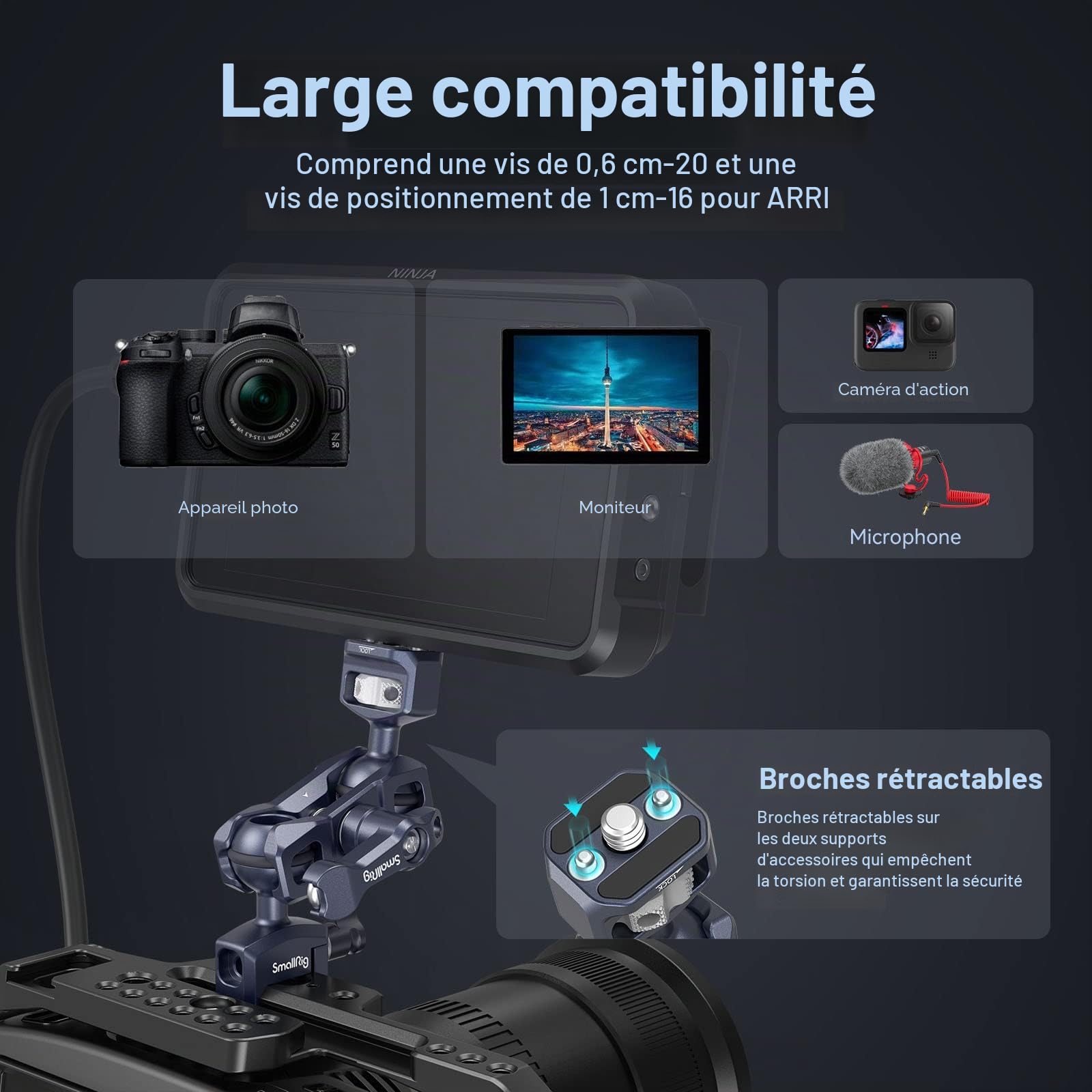 SMALLRIG Dual Ball Heads Magic Arm avec Vis 1/4"-20 et Pince NATO, Charge Maximale 13,23 lbs/6 kg, Seulement 91g, en Alliage d'Aluminium et Acier Inoxydable - 3875