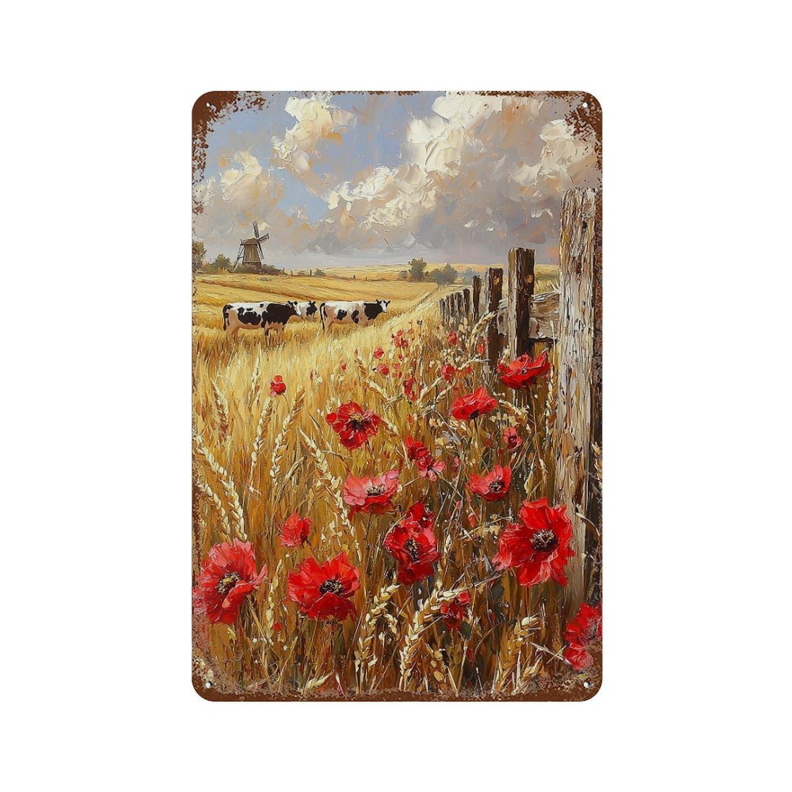 Rusty Metal Tin Sign with Rustic Field with Poppies -1 Design 11.8"x7.9", for Shed, Workshop And Garage Wall Decor, Classic Wall Plaque