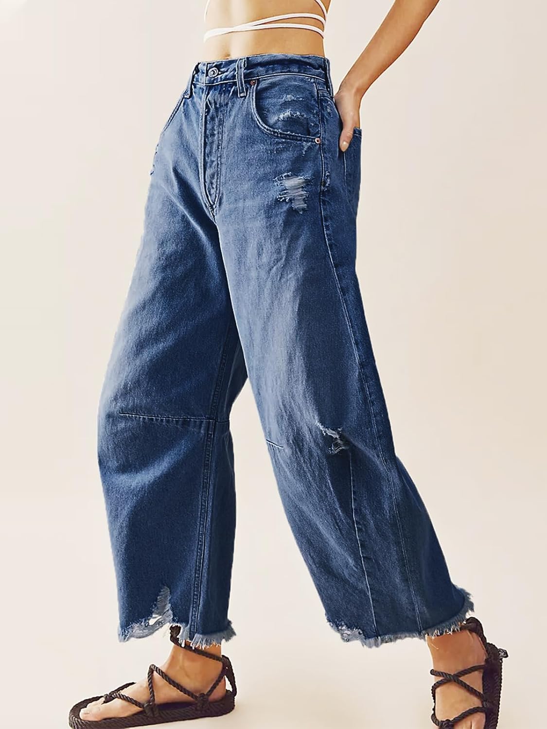 Cicy Bell Womens Baggy Wide Leg Jeans Barrel Horseshoe Boyfriend Cropped Raw Hem Denim Pants Cicy Bell Womens Baggy Wide Leg Jeans Barrel Horseshoe Boyfriend Cropped Raw Hem Denim Pants