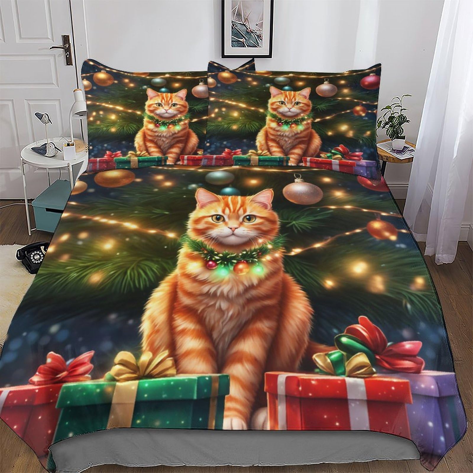 LLXXHH Christmas Cat Soft Microfiber Duvet Cover with Pillowcases Comforter Cove Polyester Quilt Covers for Adults Teenager Kids Bedding Double (200x200cm)