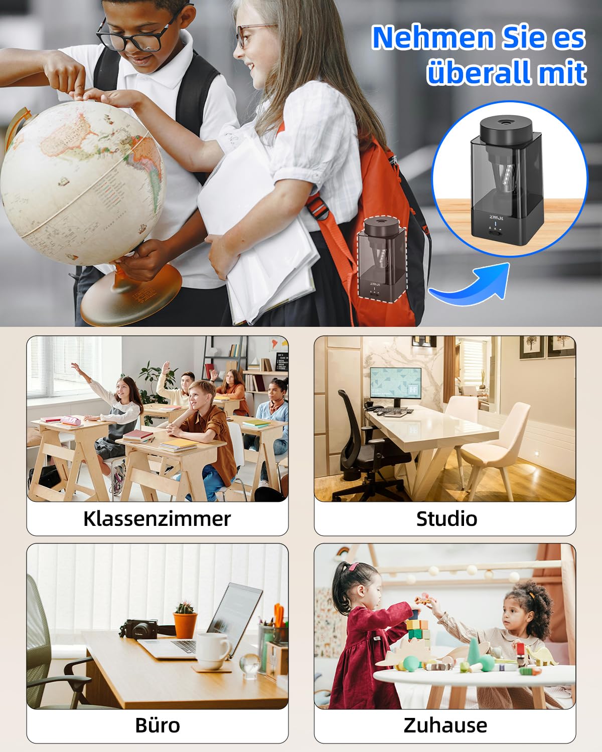 ZMOL Vollautomatischer Elektrischer Anspitzer für dicke und dünne Stifte, Handsfree & Auto-Stopp, USB-C Wiederaufladbar, Spitzer Elektrisch mit Behälter, für Kinder, 6–12mm, Schule/Büro/Haus