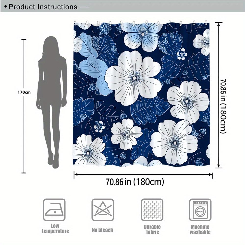 Eleganter Duschvorhang mit japanischem Shibori-Muster und floralen Linienzeichnungen – Polyestergewebe,maschinenwaschbar,Badezimmerdekoration mit 12 Haken(200 x 210 cm/79 x 79 Zoll(B x H)
