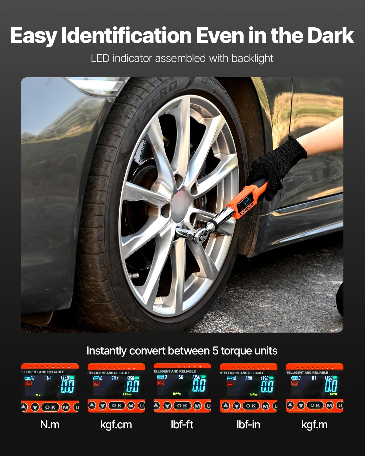 VEVOR Llave Dinamométrica Digital Accionamiento de 3/8" 0-135 Nm 72 Dientes ±2% de Precisión Llave Dinamométrica Electrónica con Valor Preestablecido, Zumbador y Notificación LED para Coches