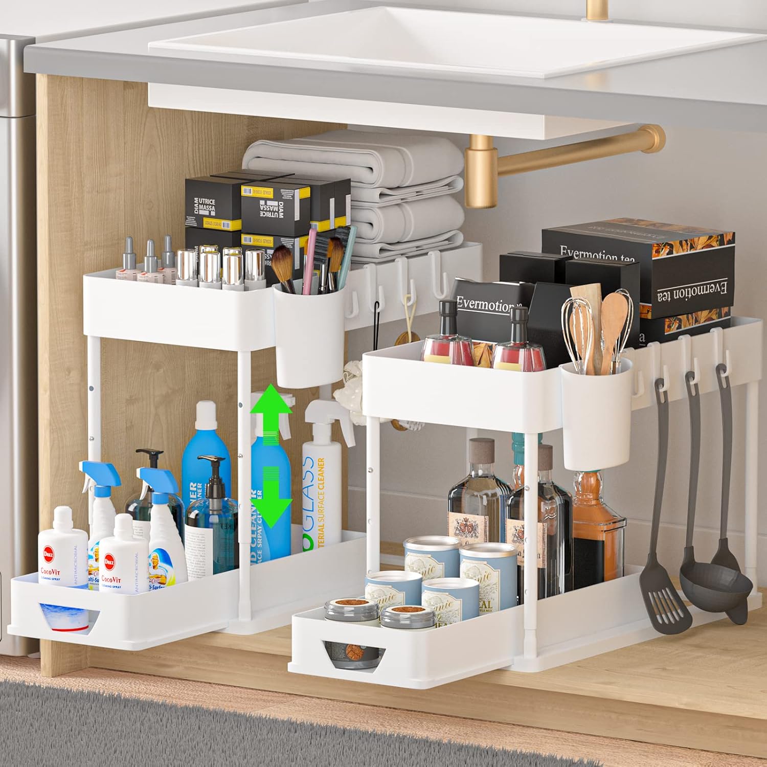 HI NINGER 2 Pack Adjustable Height Under Sink Organizers and Storage, 2Tier Bathroom Organizer Under Sink,Multifunction Kitchen Under Sink Organizer with 8 Hooks and 2 Hanging Cups and16Non-slip mat