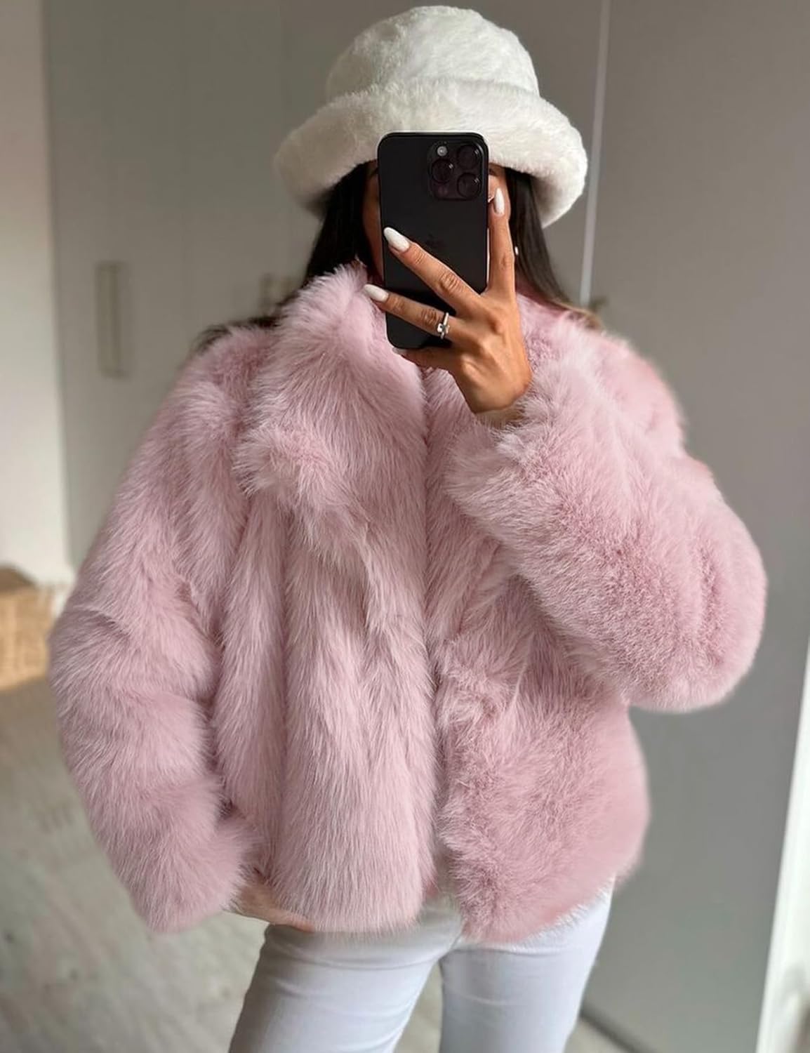Kissonic Women Faux Fur Coat Long Sleeve Lapel Open Front Shaggy Furry Jacket Warm Fluffy Short Outwear - Image 2