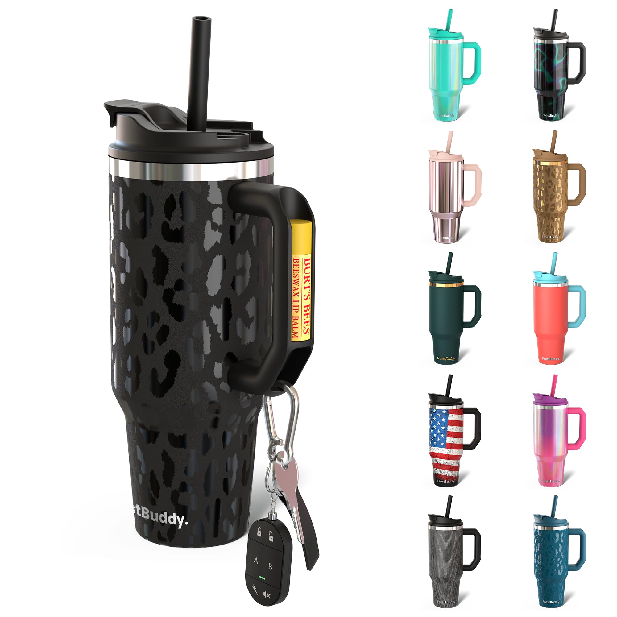 Frost Buddy Thicc Buddy - 40 oz Stainless Steel Vacuum Insulated Tumbler with Lid and Straw for Water - Travel Mug Cupholder Friendly - Gifts for Women Men Him Her (Black Leopard)