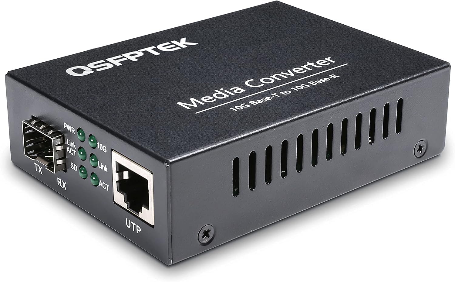 QSFPTEK Convertisseur de média 10 G, fibre 10 Gigabit vers cuivre UTP Ethernet 10 G, non géré 1 x 100 M/1 G/2,5 G/5 G/10 GBase-T RJ45 vers 1 emplacement SFP+ 10 GBase-X