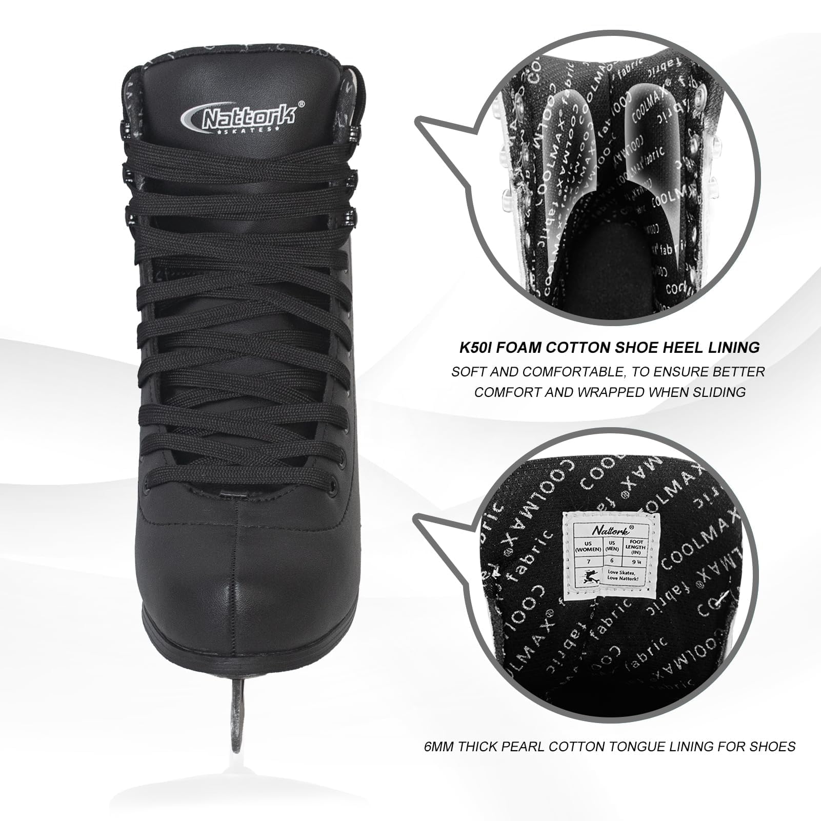 Nattork Excellence patinaje artístico, deslizadores de acero inoxidable para un mejor soporte, resistencia, rendimiento y máxima comodidad para jóvenes y adultos