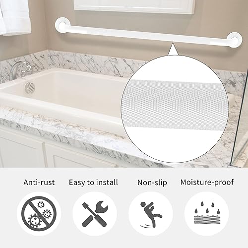 Miniatura 5 de Barra de agarre para ducha blanca con agarre moleteado antideslizante de 36 pulgadas, barras de apoyo para discapacitados de baño de acero