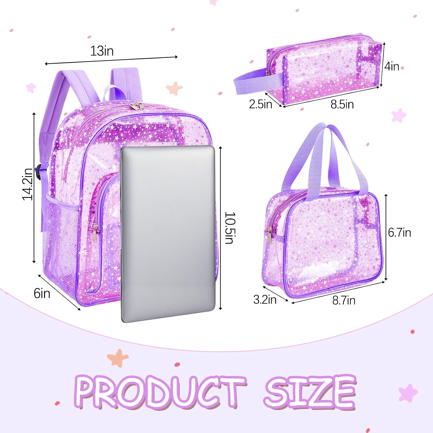 3 Pcs Glitter Star Backpack for Girls School Bookbag with Lunch Bag Pencil Case for Students Work Travel Stadium Events