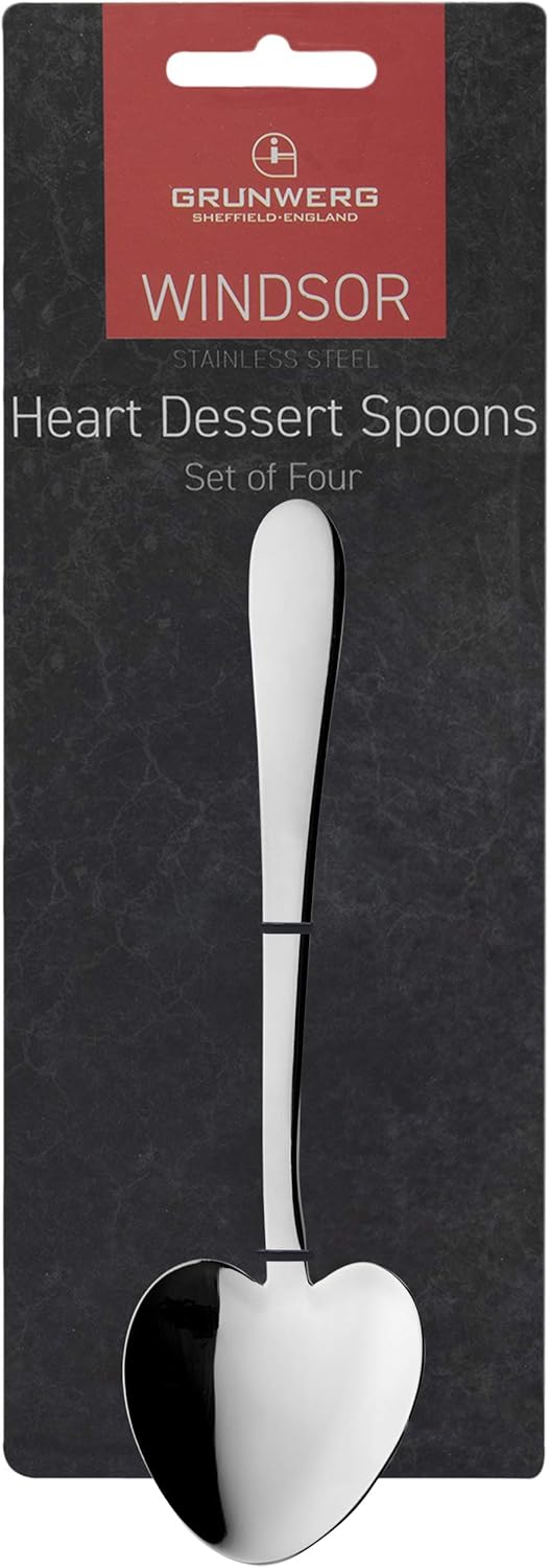 Windsor Carded 4HDWDR/C Cutlery Collection Heart Shaped Dessert Spoon Set, 4 Pack, Stainless Steel Design