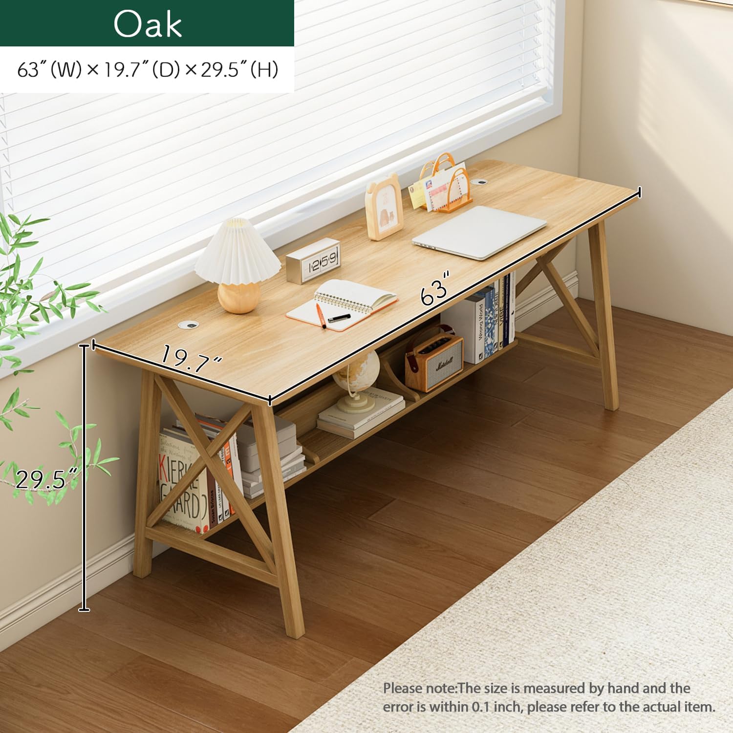 Extra Long Desk with Bookshelf - Wooden Home Office Work Study Table, 2-Person Writing Computer Workstation with Storage Shelf in Oak, 63" Wx20 Dx30 H