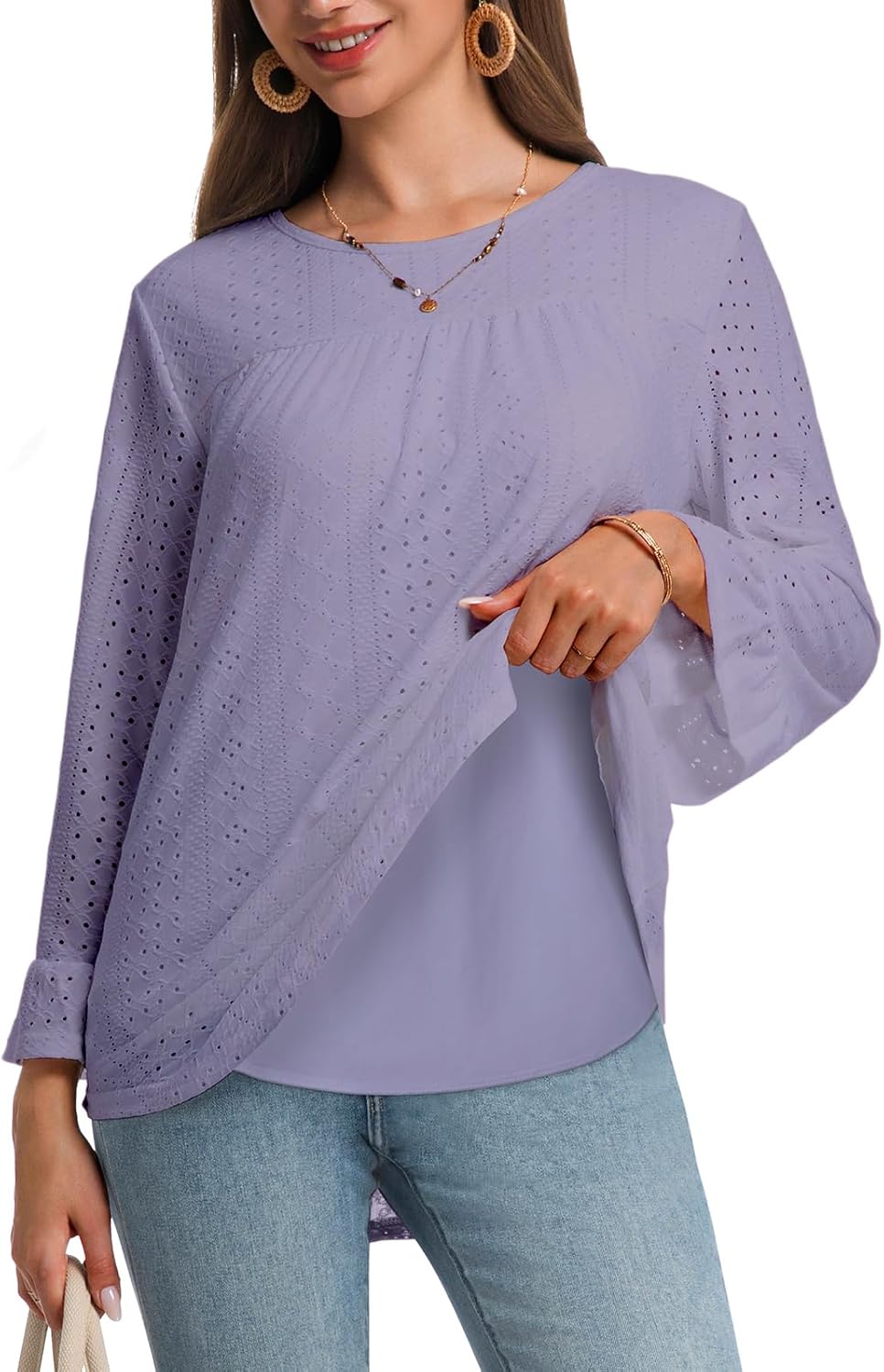 Women Boho Double Layered Crewneck Tunic Eyelet Tops Loose Fit Dressy Cute 3/4 Sleeve Casual Blouses Shirts 2026