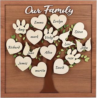 LHIUEM 3D Our Family Tree Signs Custom Family Name Wall Decor(11X11inch)Mothers Day Gifts Personalized Wooden Name Sign DIY 3D Craft Mothers Day Cottagecore Gifts for Grandparents Wedding Housewarming