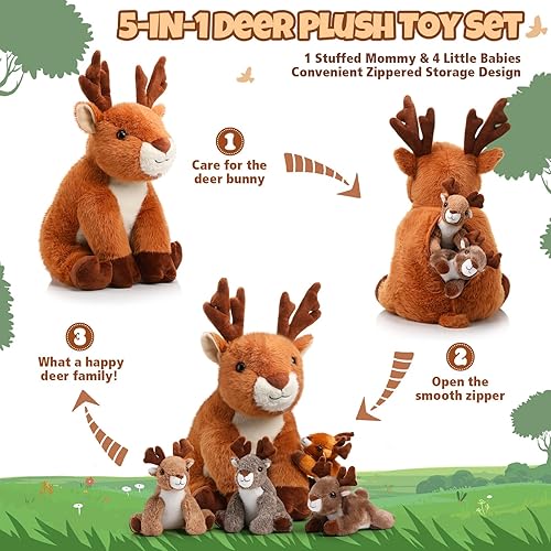 Miniatura 9 de Poen Juego de animales de peluche de 16 pulgadas con 4 lindos peluches de ciervos pequeños en su barriga con cremallera para niños, cumpleaños, día