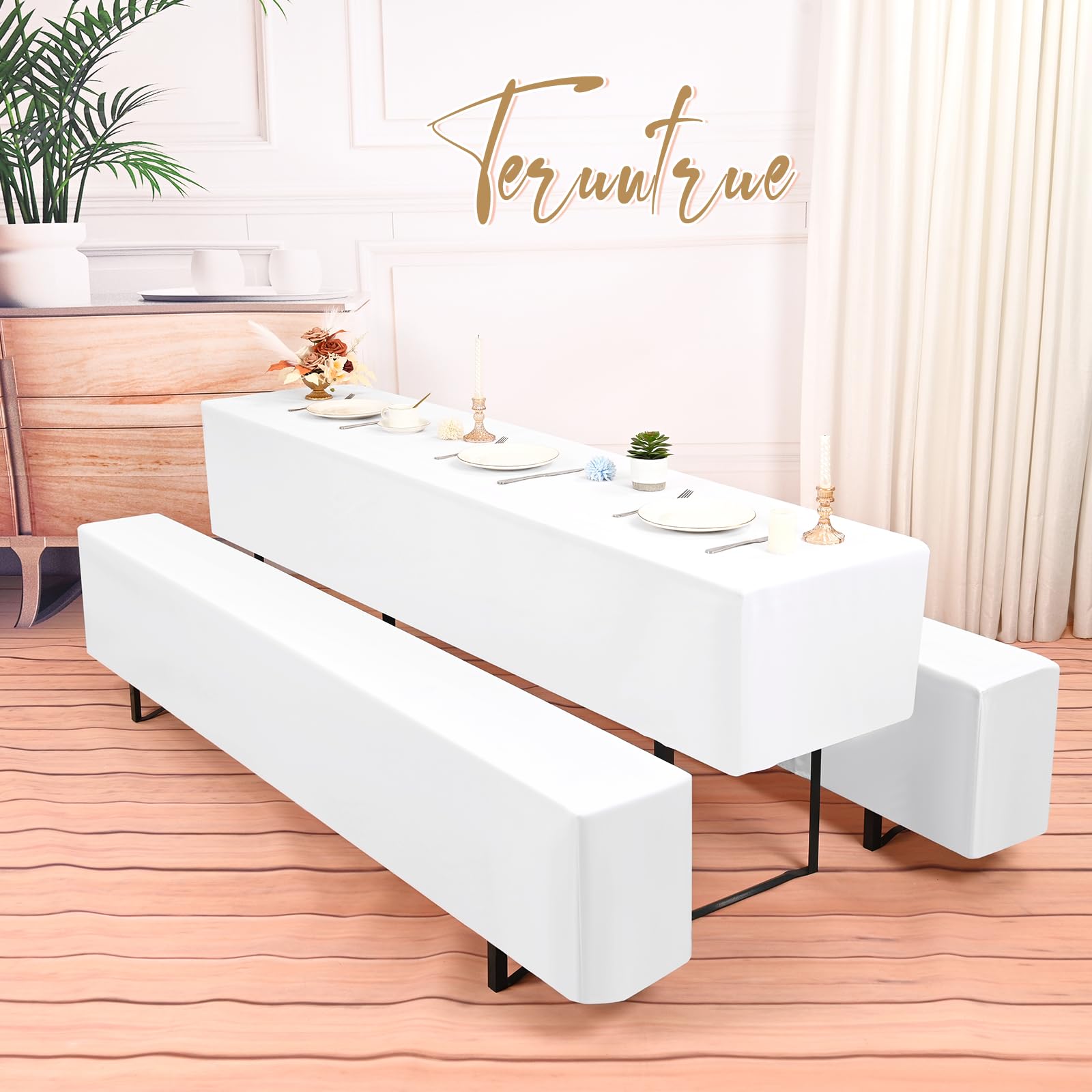 Teruntrue 3er-Sets Biertischhussen Bierbank-Auflage,Weiß Biertisch und Bankgarnitur Husse für 50x220cm Tischbreite für Festzeltgarnituren Bierbank Hussen(Weiß, 3 Packungen)