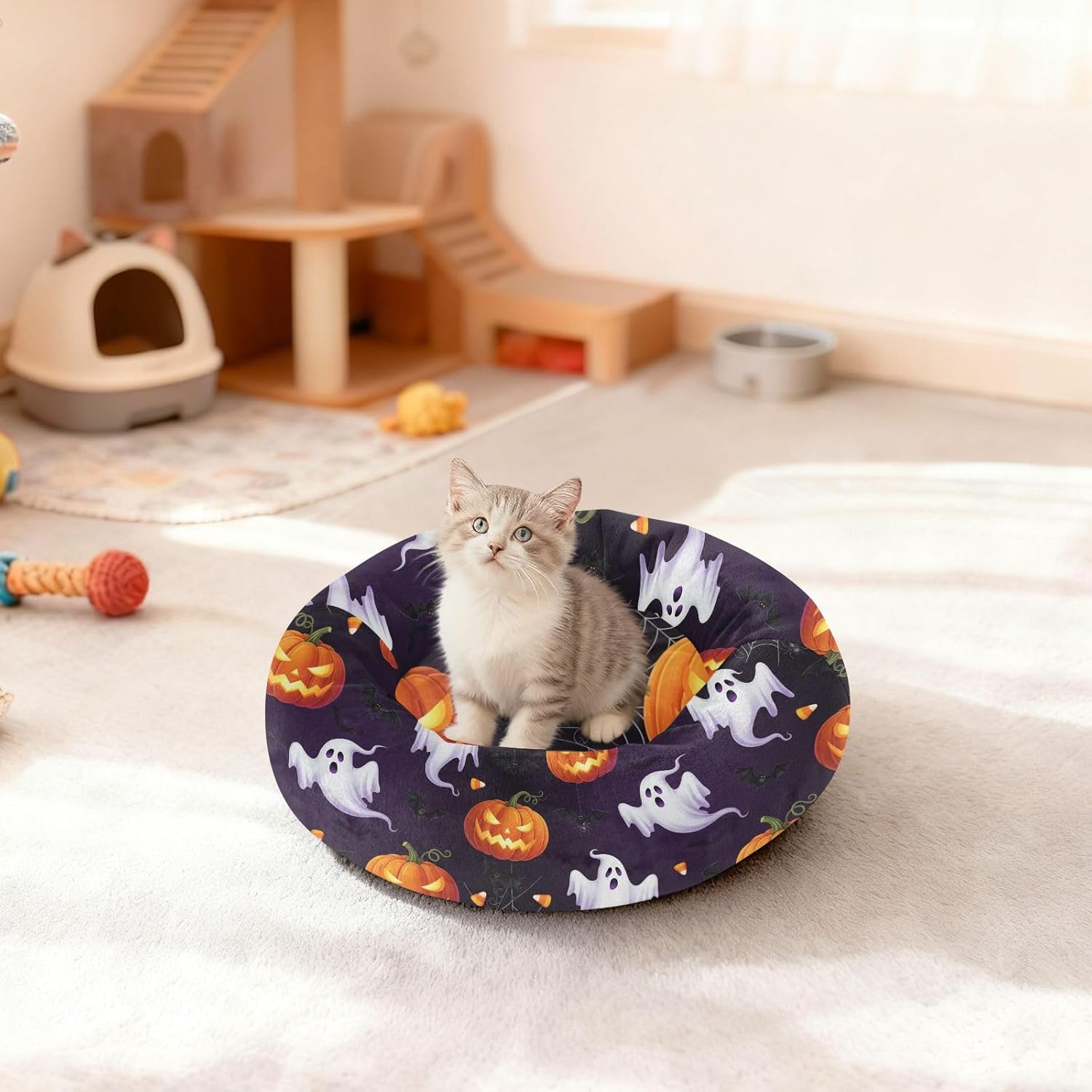 Pet Dog Bed Calming Anti Anxiety Fluffy Cat Pillow Bed for Small Size Pets Supplies M Halloween Pumpkin Purple