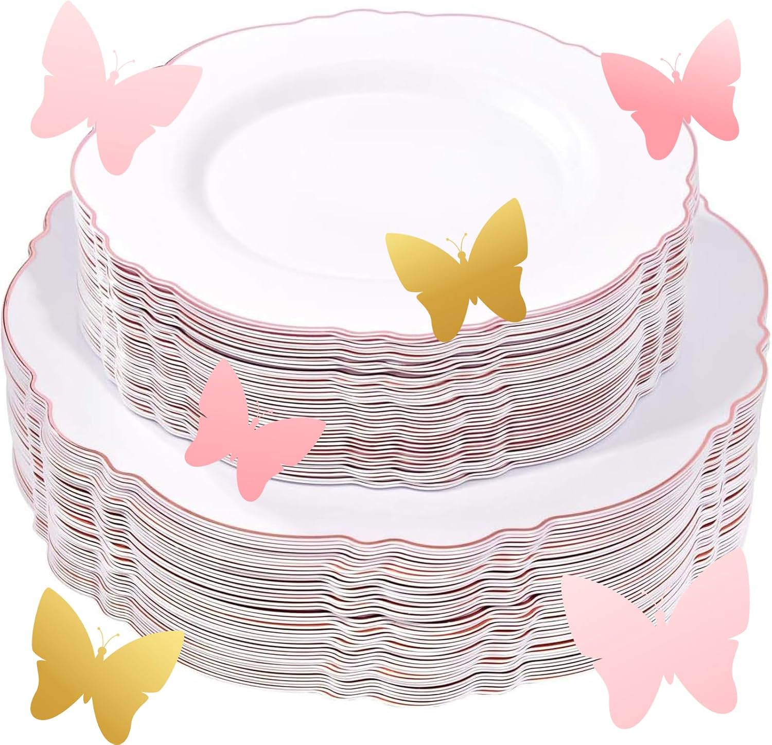 WDF 100pcs Rose Gold Plastic Plates-Baroque White &Rose Gold Disposable Plates including 50Plastic Dinner Plates 10.25inch,50Salad Plates 7.5inch for Wedding& Parties