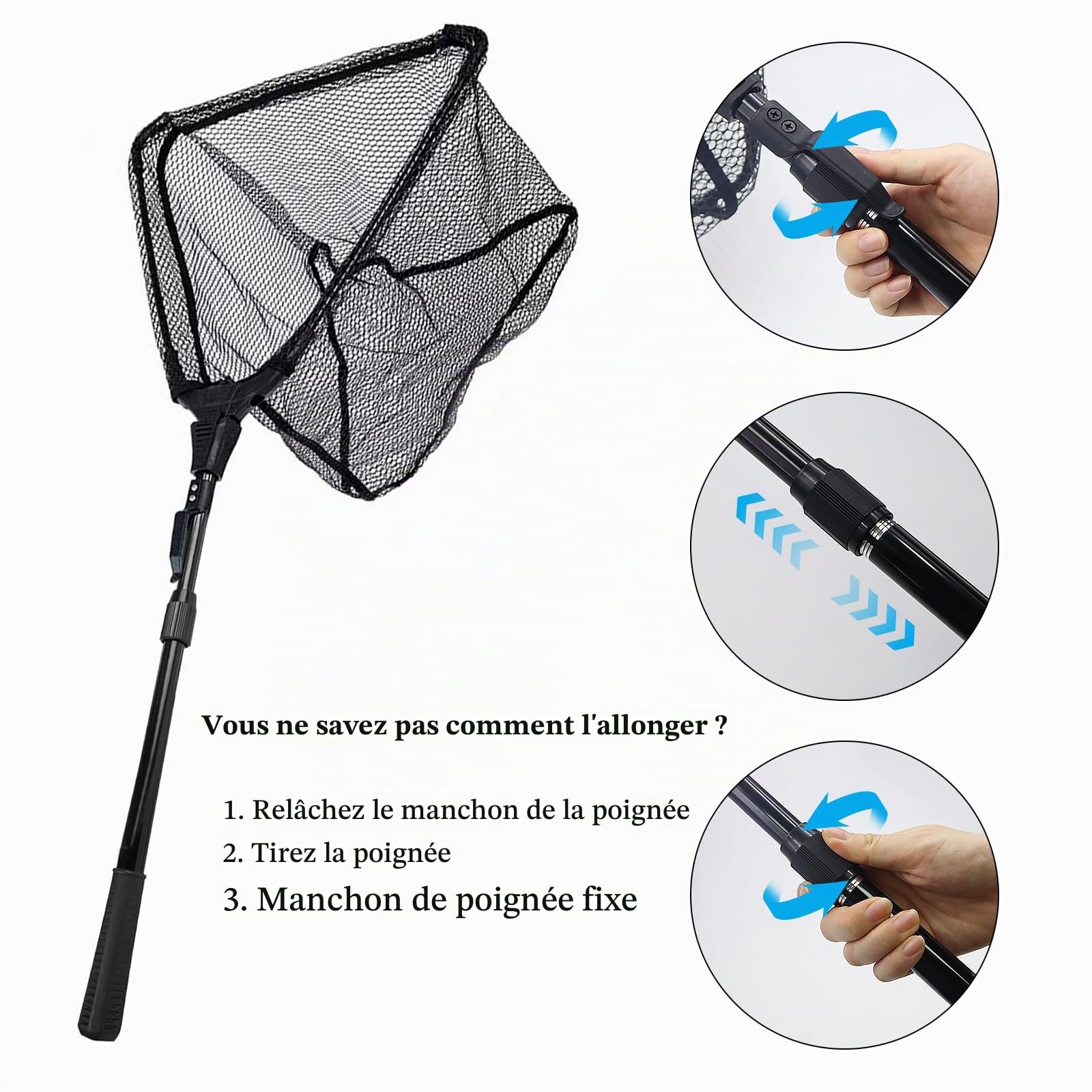 Épuisette de Pêche Pliable, Épuisette Pêche Pliable avec Poignée Télescopique, Longueur Réglable pour Kayak Salmon Chat Basse Étang et Piscine (Noir)