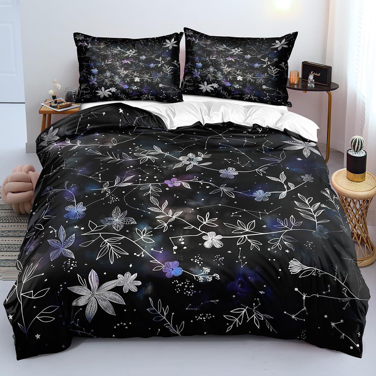 Housse de couette 240x220 luxueuse motif botanique noir bleu et violet haut de gamme