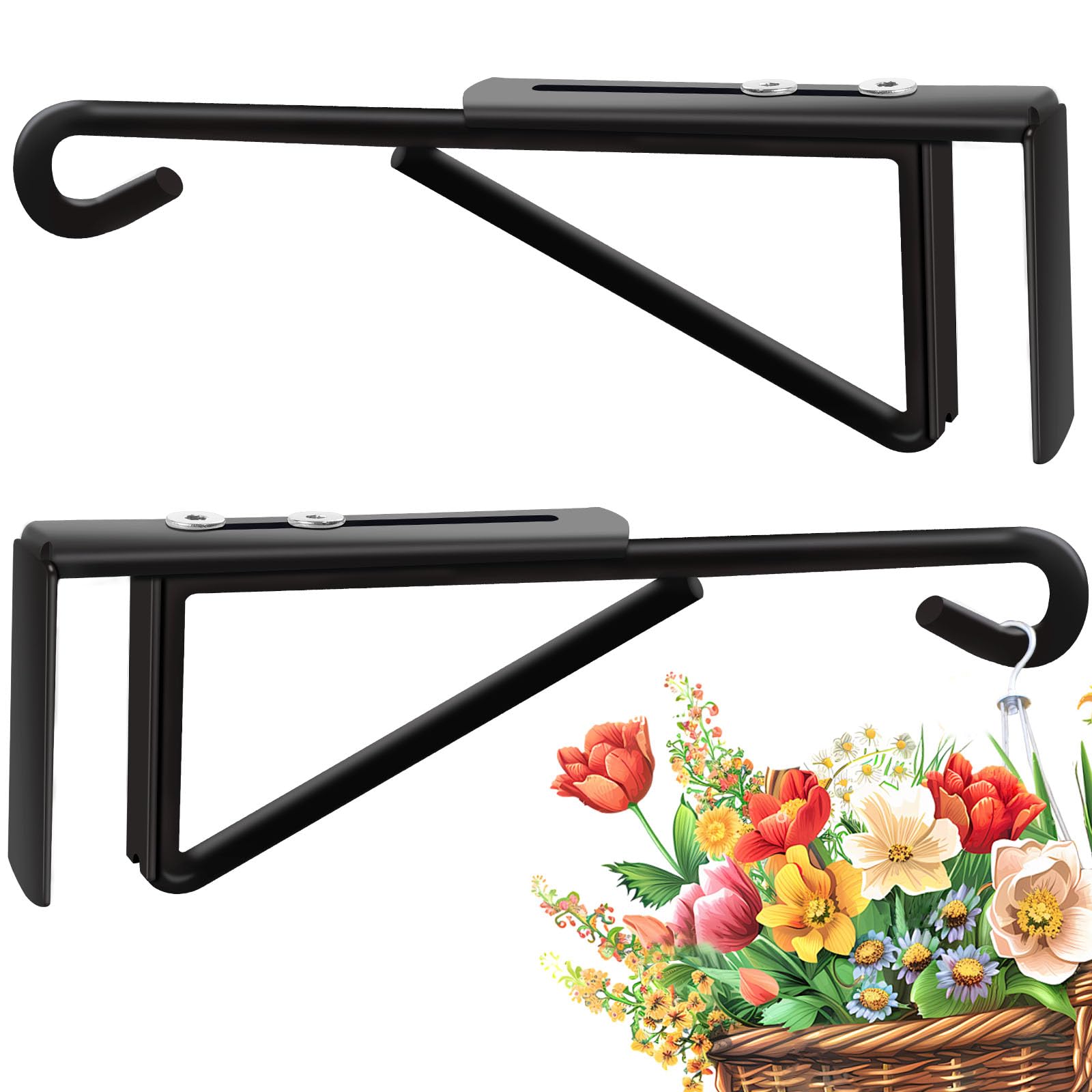 Adjustable (0.9-3") Vinyl Fence Hooks for Hanging Plants, Over the Railing Fence Plant Hangers Outdoor, Black Heavy Duty Coated Steel Patio Hooks for
