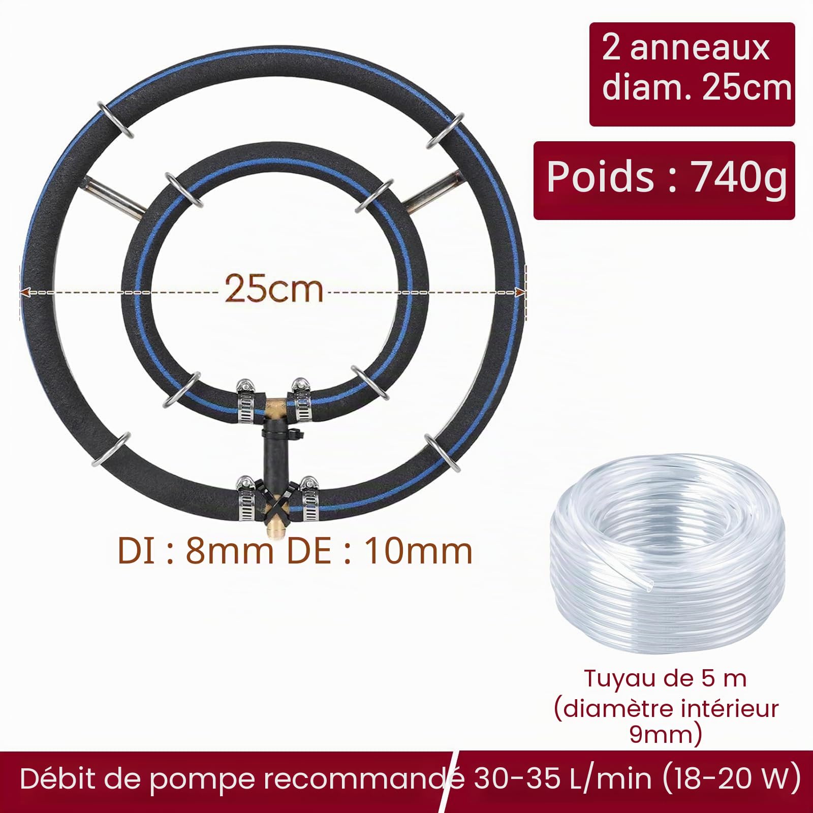 Aérateur De Bassin, Anneau d'Aération φ25cm 2 en 1 (φ25cm) | Avec Tuyau De 9 Mm De Diamètre - 5 m Pour Aquarium l'Enrichissement En Oxygène Du Bassin De Jardin
