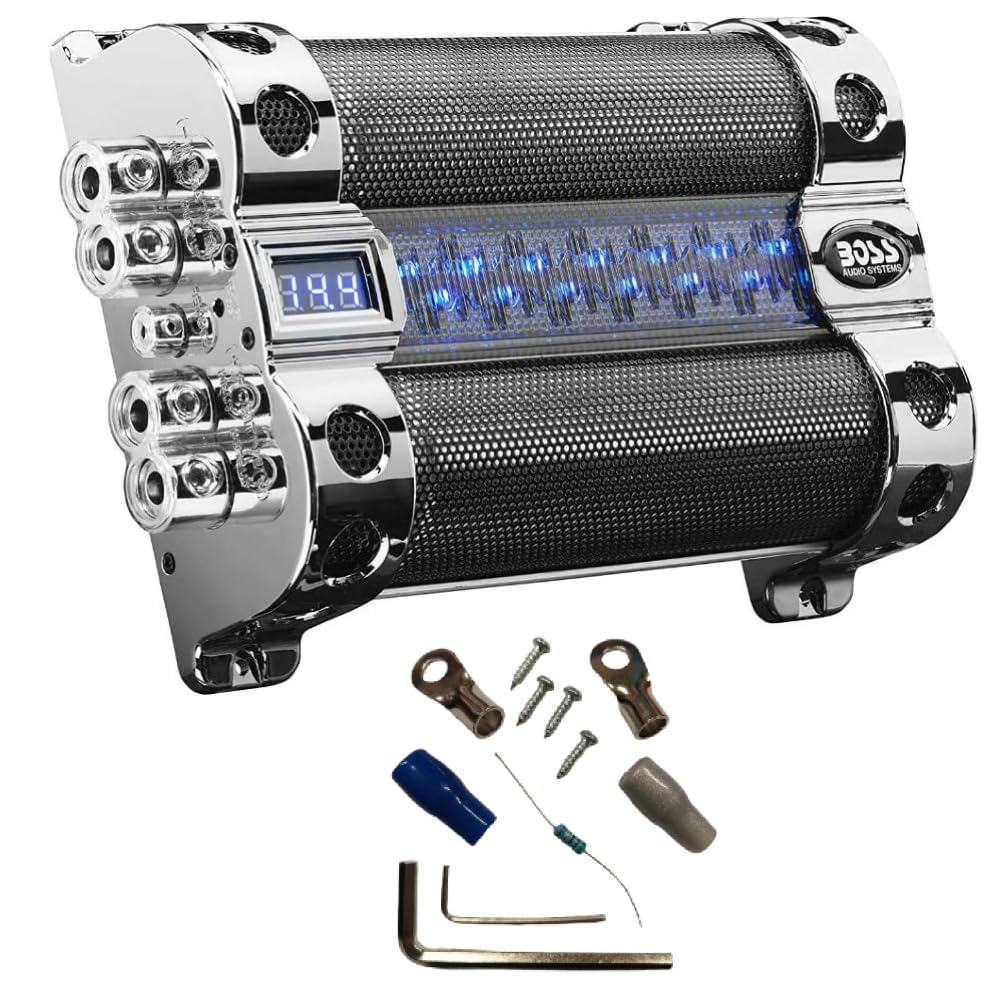 KIT Set FÜR BOSS Audio Systems CAP18, 1 Hybridkondensator, 18 Farad, Systeme bis 18.000 Watt RMS, Kondensator, Digitalvoltmeter, 1 Stück + kostenloses Installationszubehör