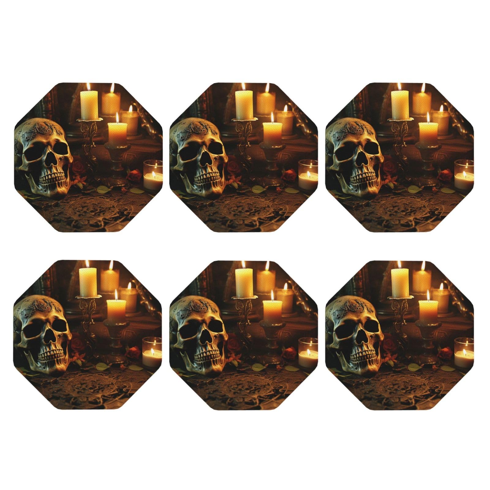 6Pcs PU Leather Coaster for Drinks, Candles and Scary Skull Cup Coastersr 4" Cup Mat Pad, Aesthetic Drink Coasters for Coffee Table, Octagon Coaster for Tabletop Protection