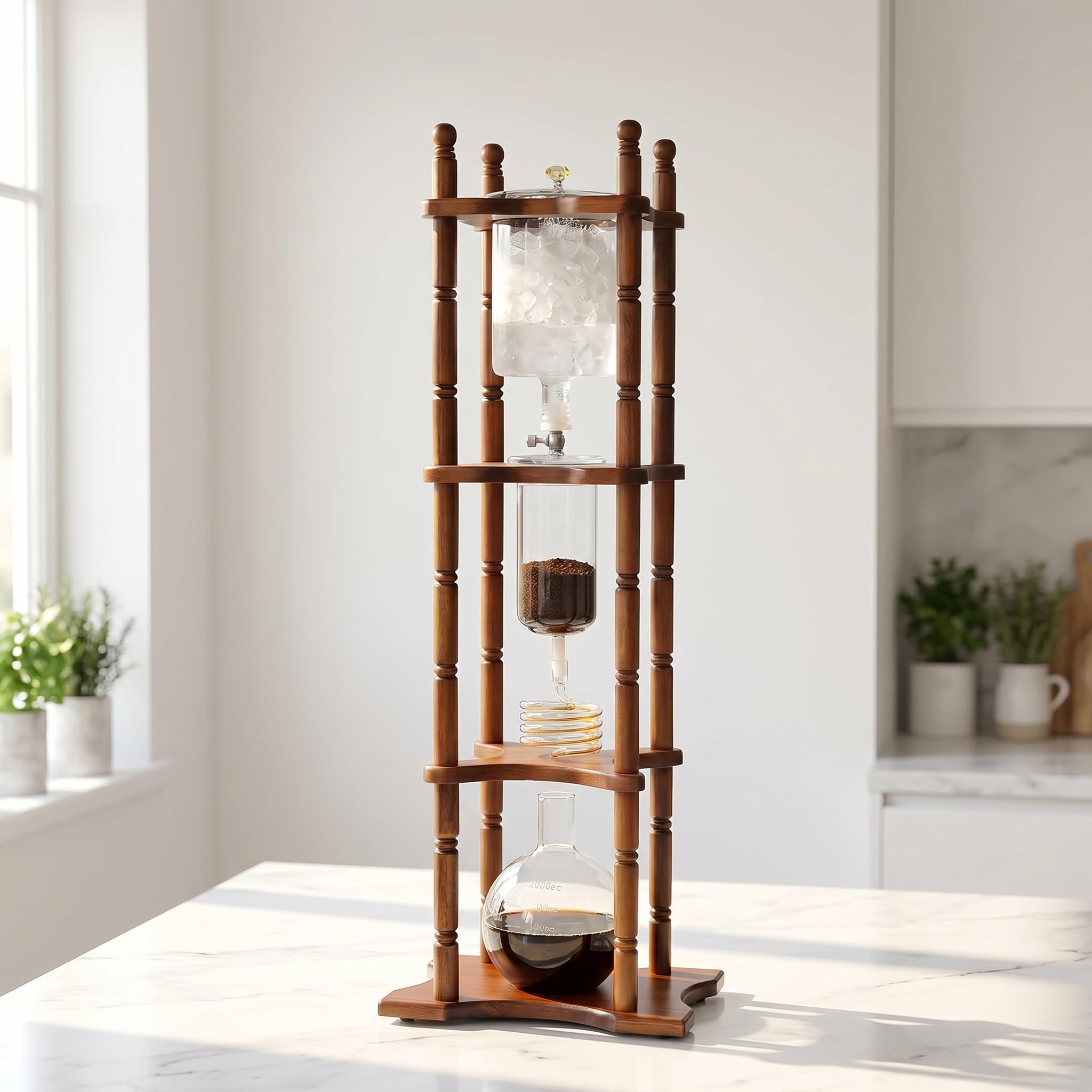 Cafetera De Goteo para Café Helado De 3000 Ml, Torre para Preparar Café Frío De 25 Tazas, Tasa De Goteo Ajustable, Filtro De Tela, Marco De Madera Maciza, para Amantes del Café Y El Té