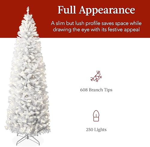 Miniatura 5 de Best Choice Products Árbol de Navidad blanco preiluminado de 6 pies, decoración artificial con bisagras delgadas con 250 luces incandescentes, 608