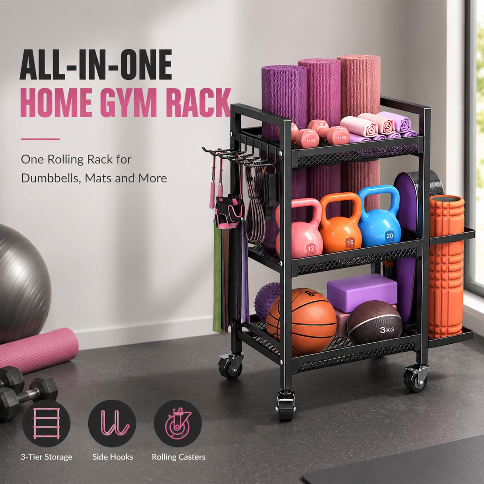 Soporte de pesas para gimnasio en casa, con ruedas, 3 niveles | Esterilla de yoga, estantería y bandeja para pesas, pesas rusas, rollo de fascia, organizador de equipos deportivos de acero