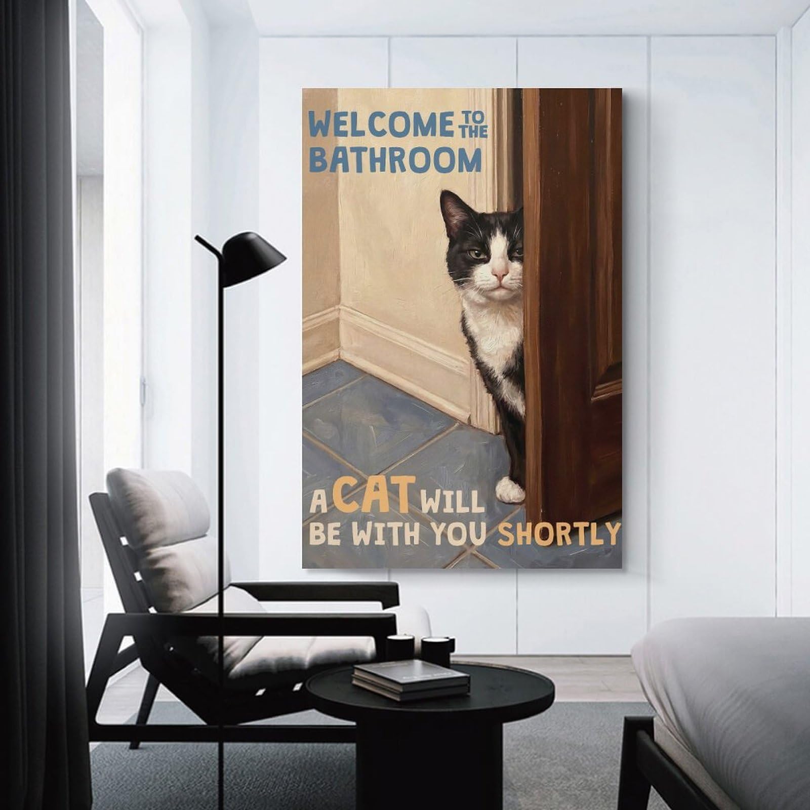 Junmoney Unframe-Style-7 Welcome To The Bathroom Tuxedo Cat Canvas Wall Decor 24X36inch(60X90cm), For Study, Office Or Focused Interiors, Wall Art That Adds Style To Work Areas