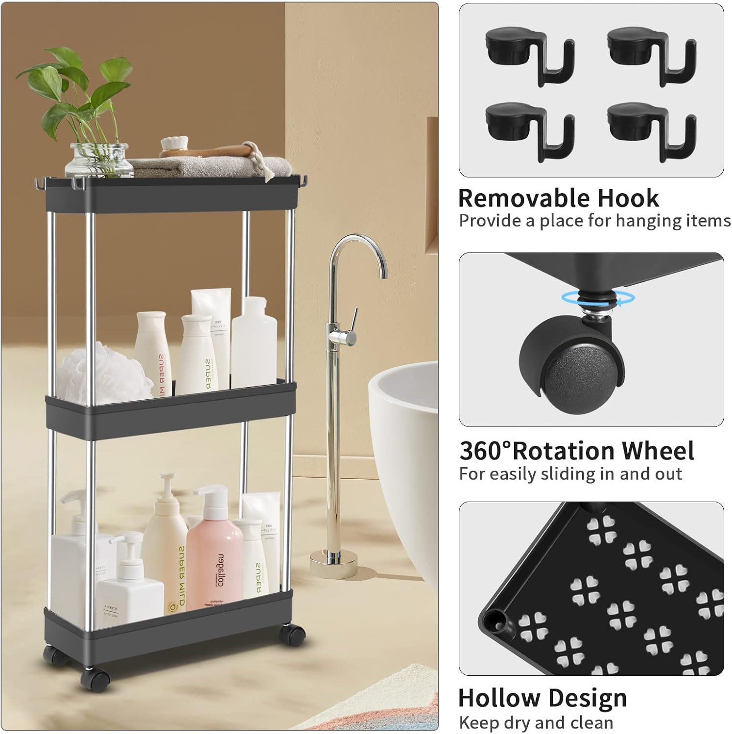 3 Tier Slim Rolling Storage Cart,Bathroom Storage Organizer,Laundry Room Organization,Mobile Utility Cart for Bathroom,Laundry,Office,Narrow Places