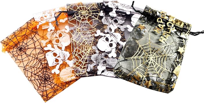 HGJST 50 PcsHalloween Candy Gift Bag, Halloween Transparent Net Bag, Spider Web and Skull Printed Halloween Party Gift Bag 4 x 6 inches