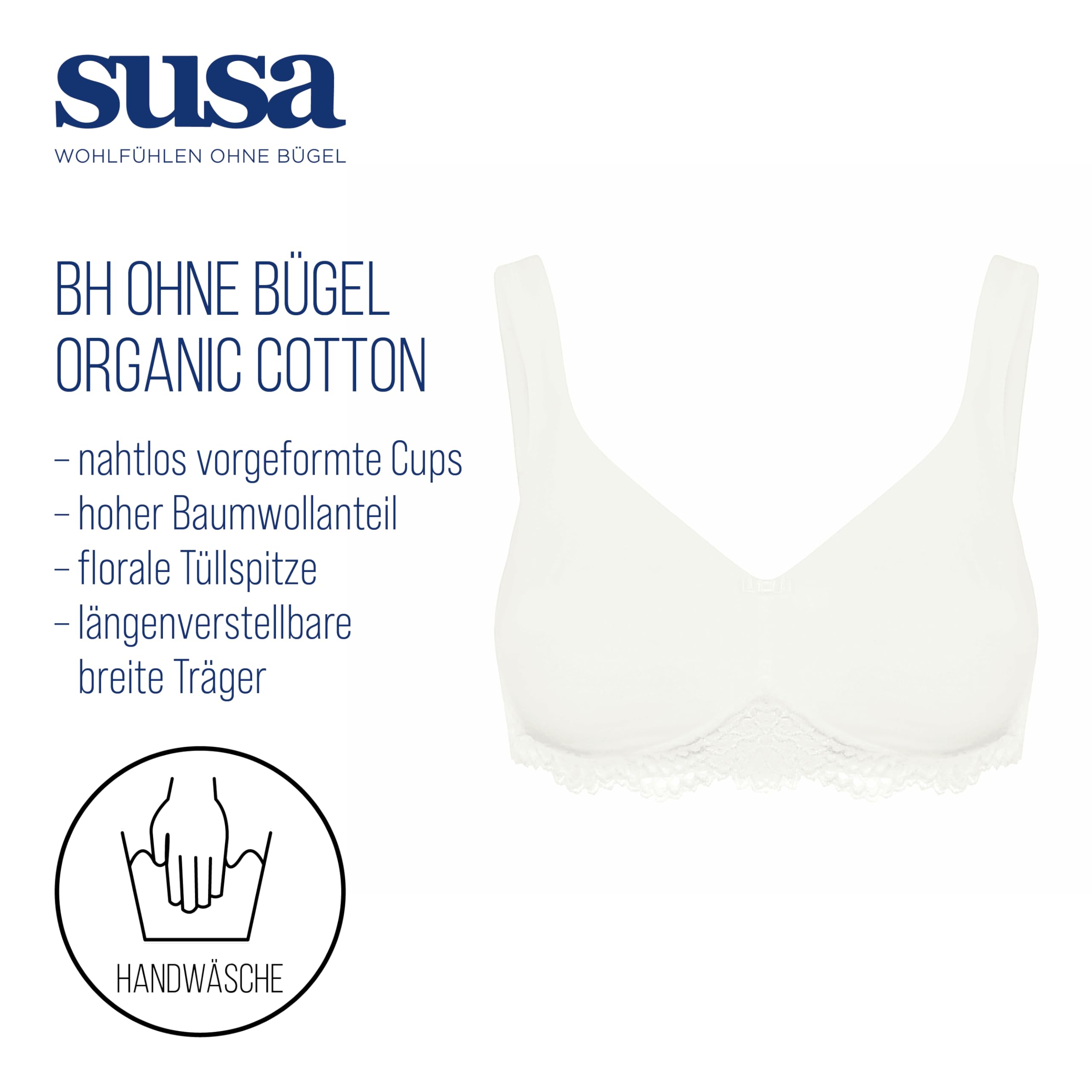 Susa Damen Damen BH Ohne Bügel Gemoldet Organic-Cotton Bügelloser BH