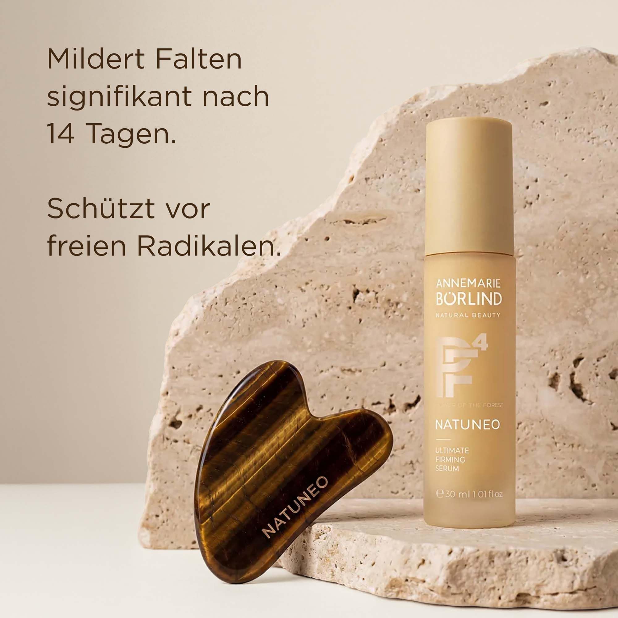 ANNEMARIE BÖRLIND NATUNEO Firming Power Duo Mit Serum 30ml + Gua Sha Stein | Anti-Aging Serum, Tigerauge Gua Sha, Pflegeset, Mildert Falten, Verlangsamt Hautalterung, Aktiviert Zellerneuerung
